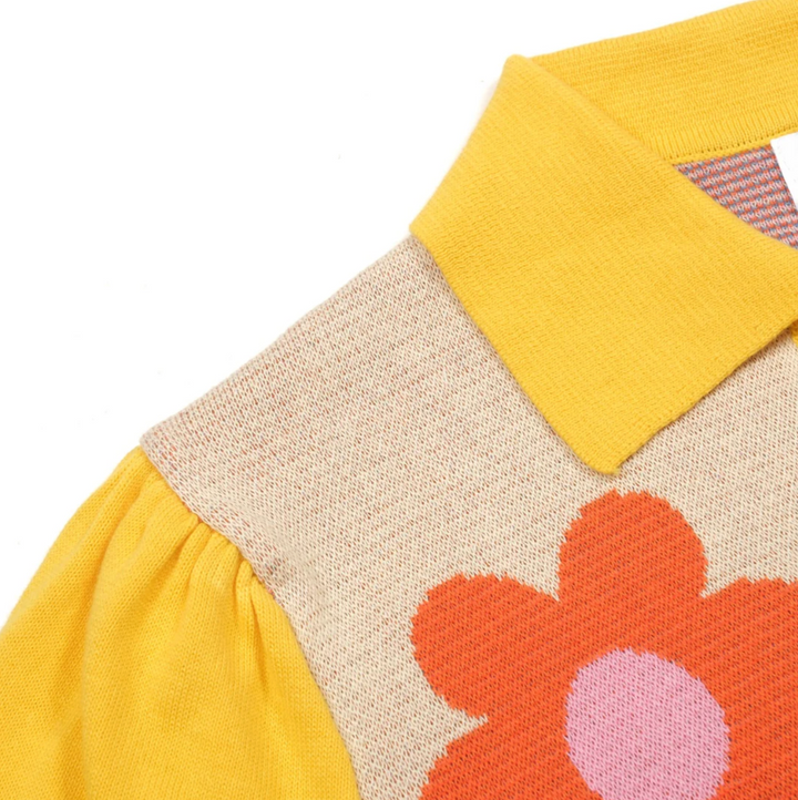 Cream/Yellow Retro Hippie Floral Jacquard Polo
