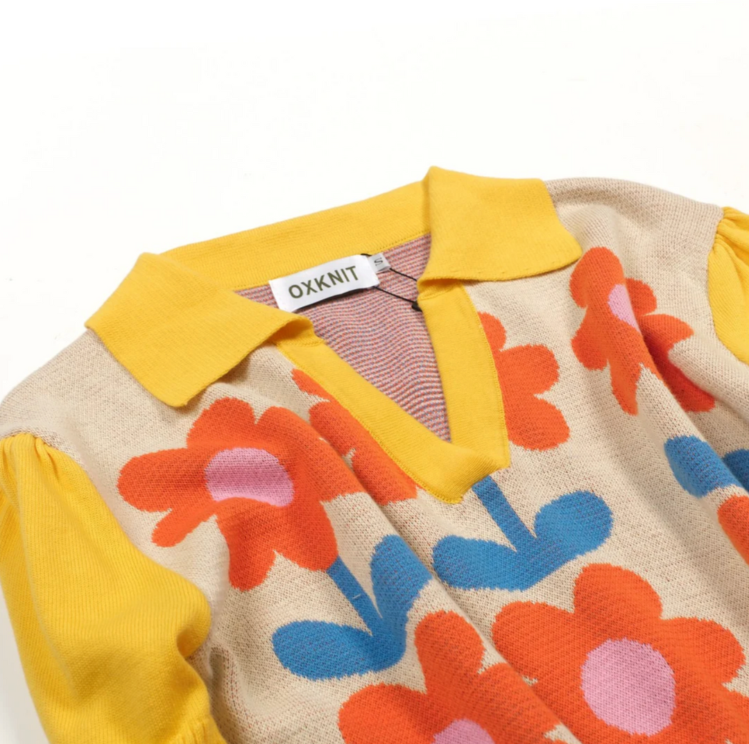 Cream/Yellow Retro Hippie Floral Jacquard Polo