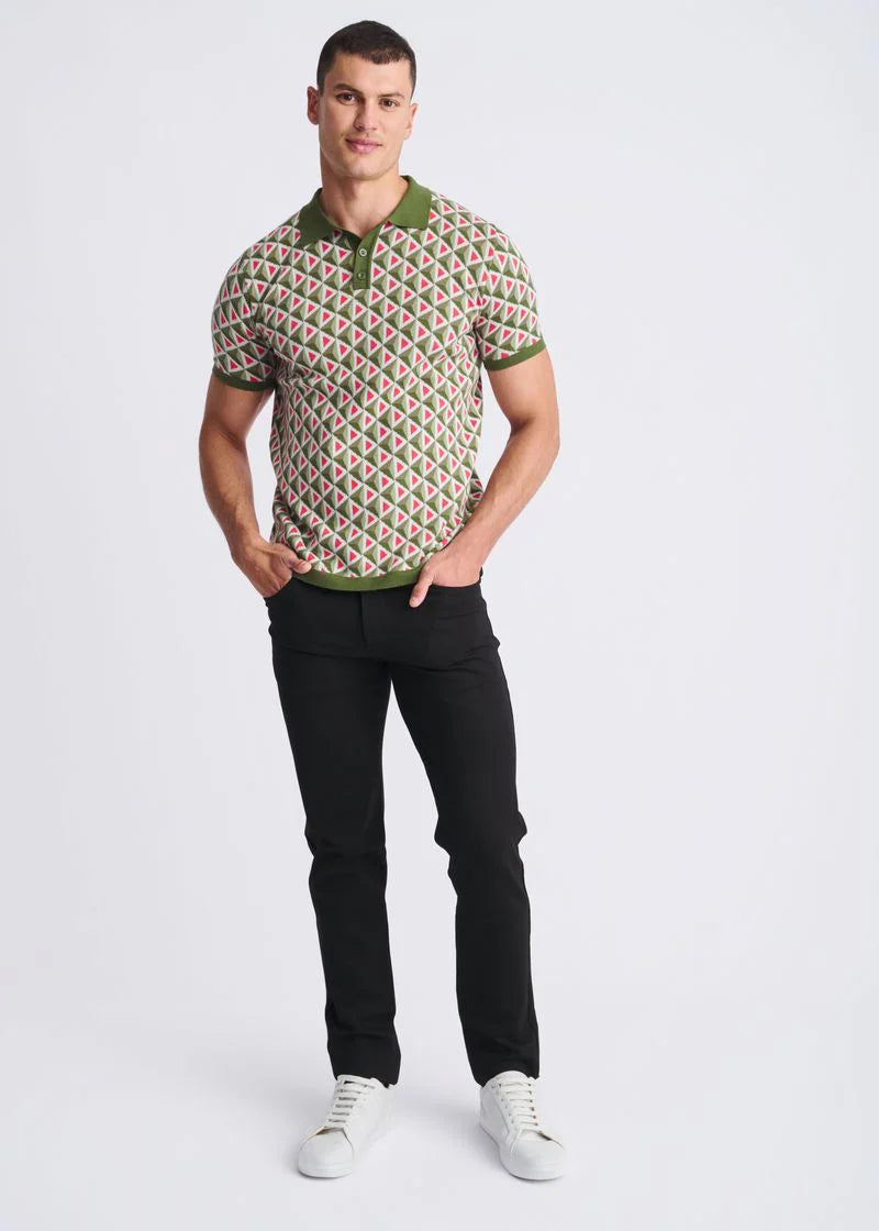 Olive/Weed Triangles Jacquard Cotton 3-Button Knit Polo PM-16327