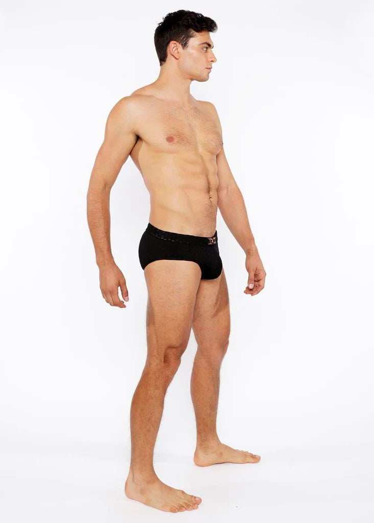 Black Hexagon Textured Swim Brief W/Buckle St-8021-02