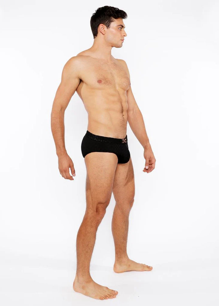 Black Hexagon Textured Swim Brief W/Buckle St-8021-02