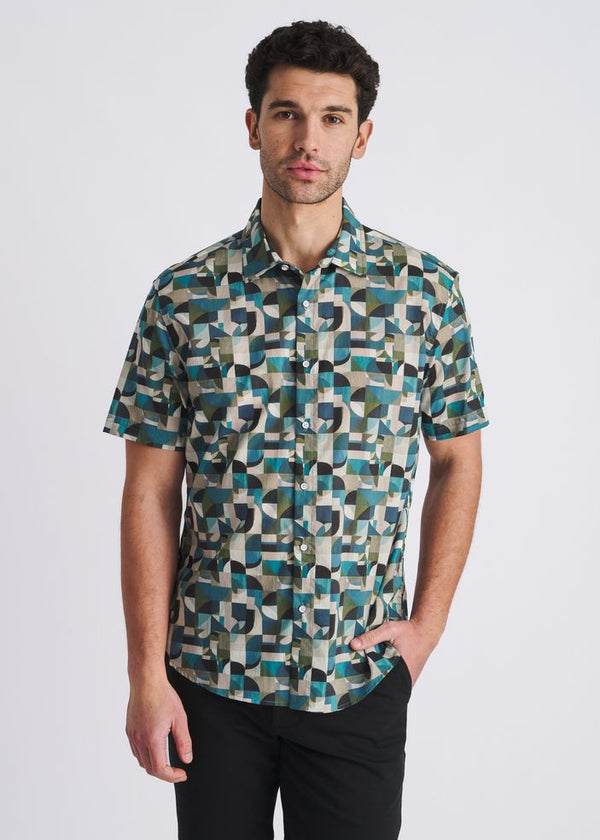 Geometric Printed Lightweight Short Sleeve Shirt Forest/Olive Geometric