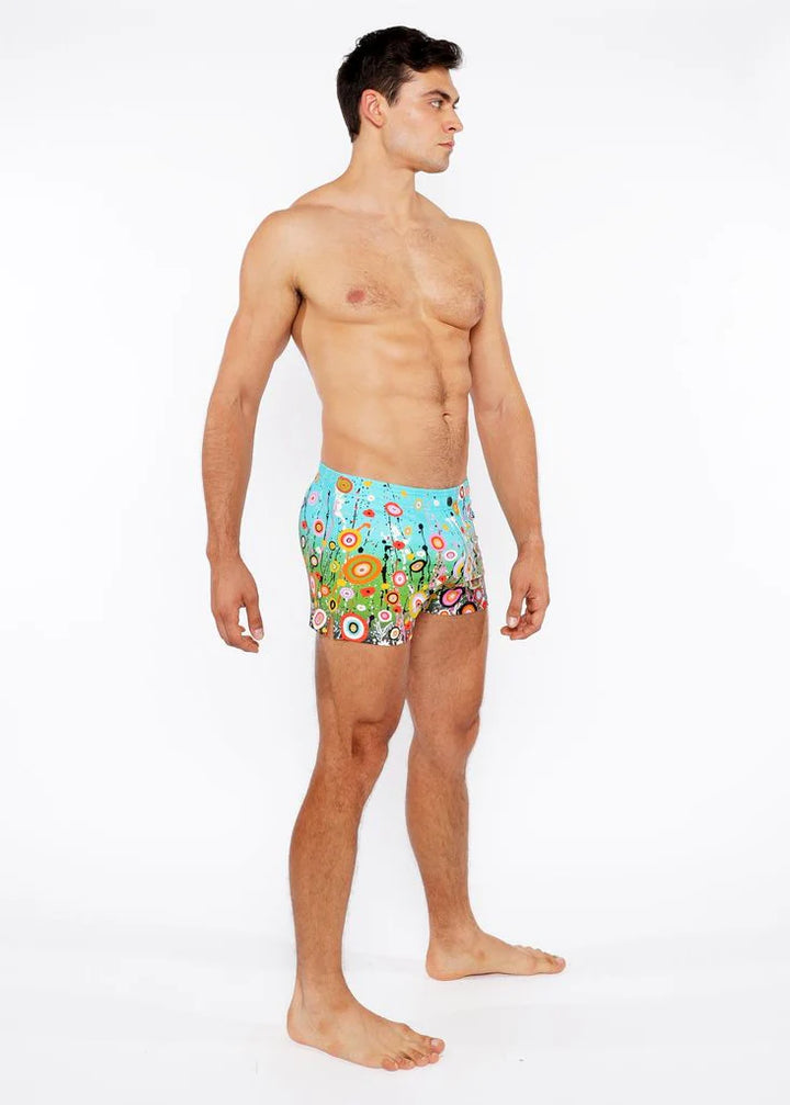 Sky/Multi Circle Burts Printed Swim Short W/Mesh Brief Lining St-8024-01