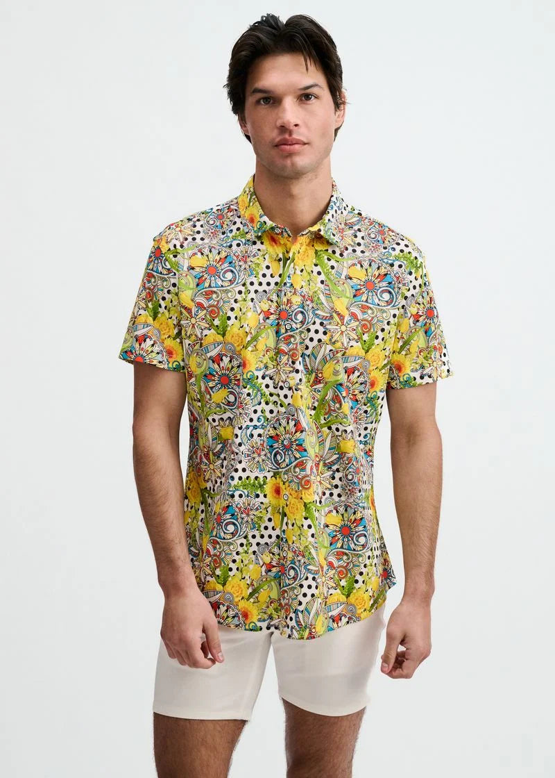 Yellow/Green Floral Dots Printed Jersey Short Sleeve Shirt