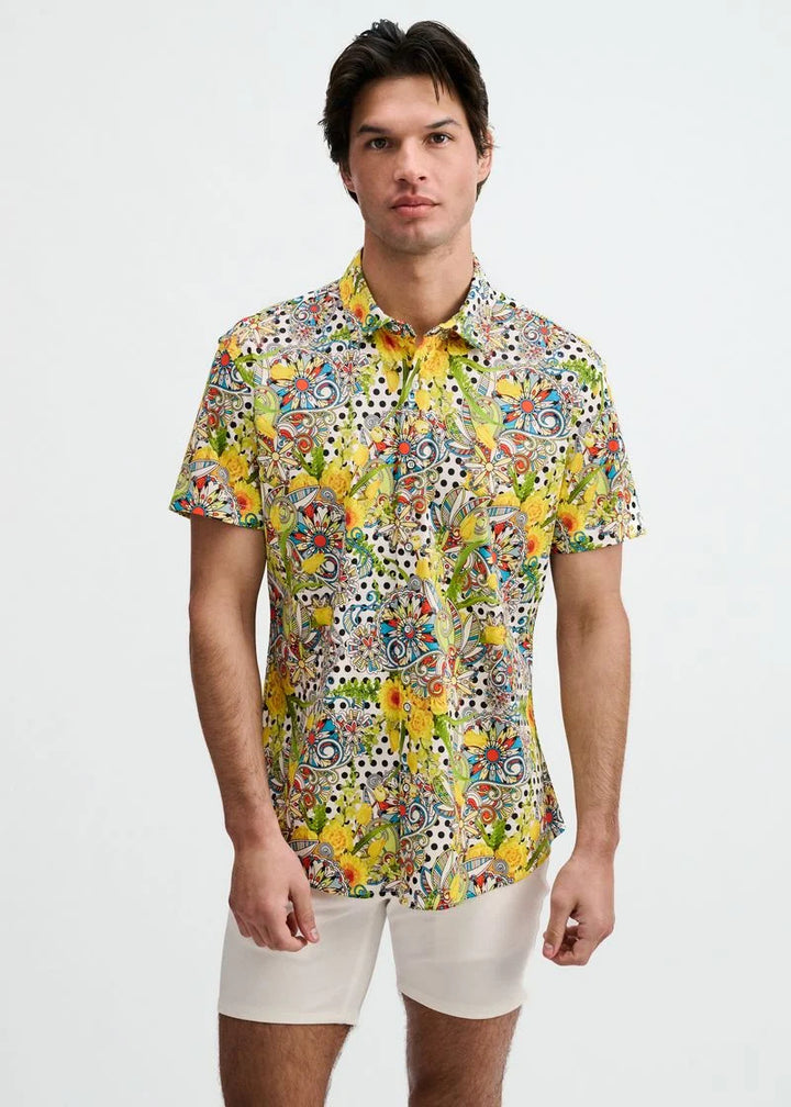 Yellow/Green Floral Dots Printed Jersey Short Sleeve Shirt