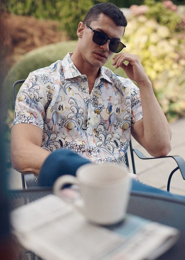 Orchid/Coral Floral Printed Lightweight Linen/Tencel Short Sleeve Shirt PM-45039