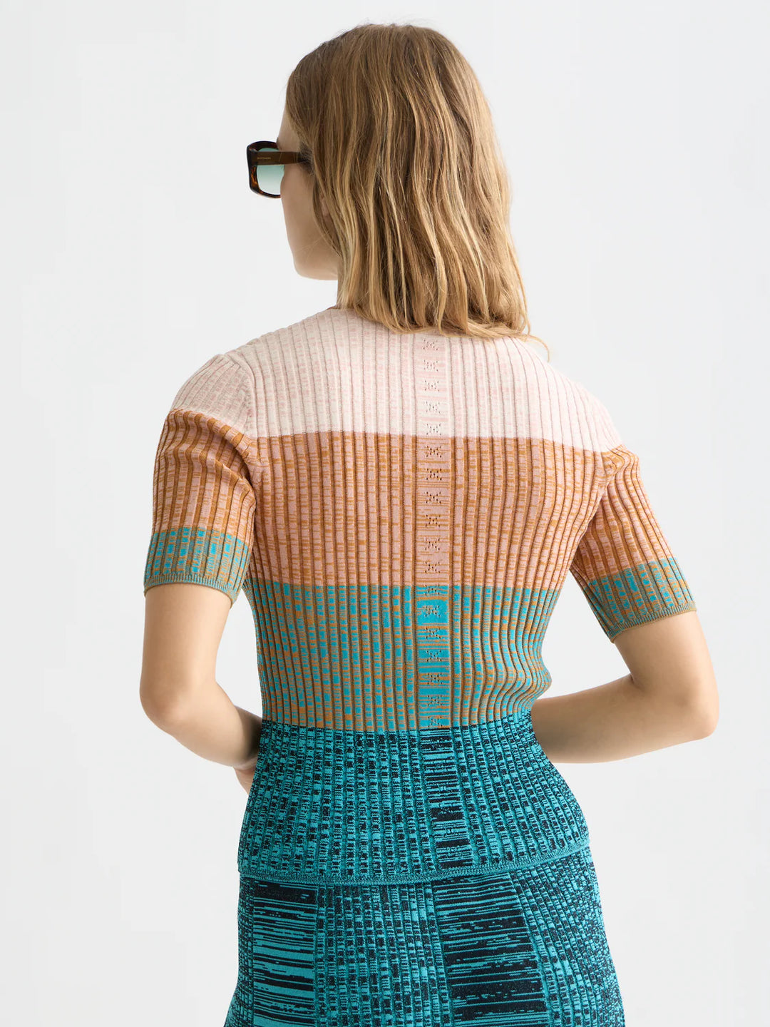 Block Stripe Ribbed Short Sleeved Tahitian Teal U9A01245T