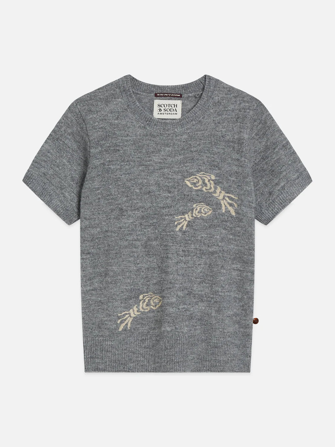 Embroidered Short-Sleeved Pullover - Grey Melange