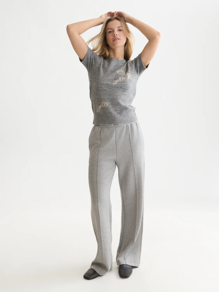 Embroidered Short-Sleeved Pullover - Grey Melange