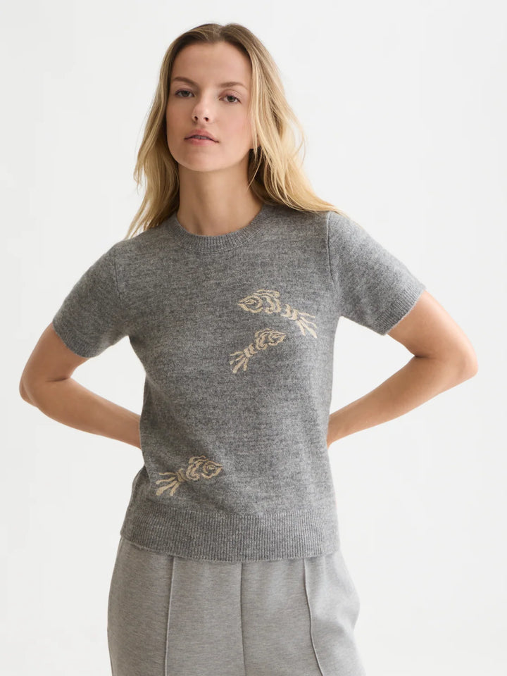 Embroidered Short-Sleeved Pullover - Grey Melange