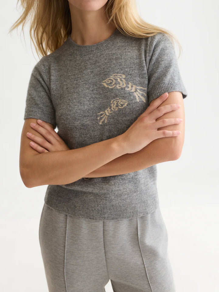 Embroidered Short-Sleeved Pullover - Grey Melange