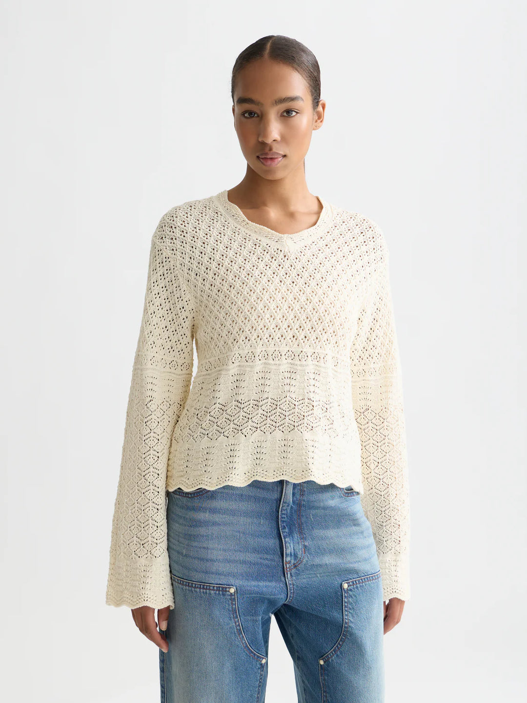 Pointelle Stitch V Neck Pullover Eggnog U9B01241T