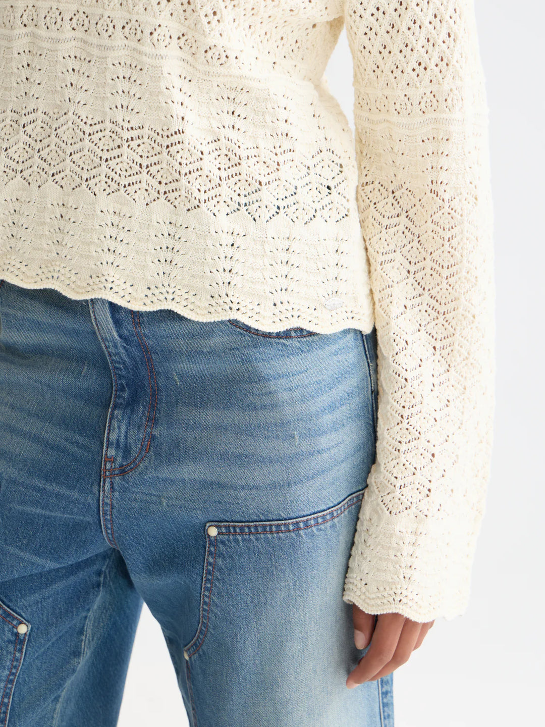 Pointelle Stitch V Neck Pullover Eggnog U9B01241T