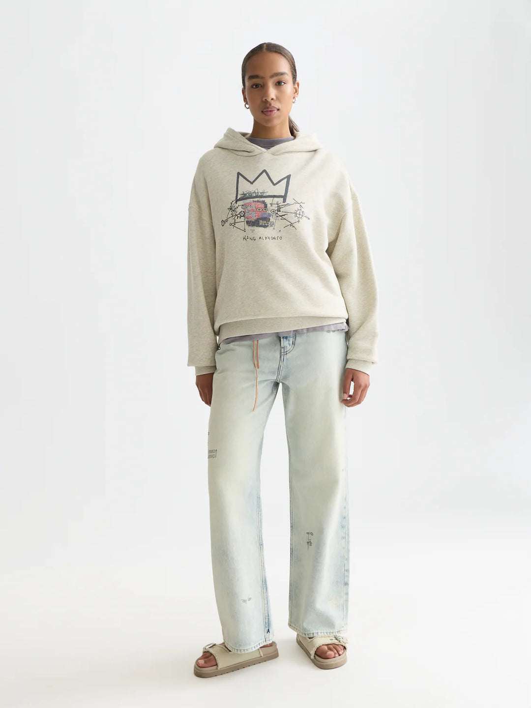 Basquiat Washed Artwork Relaxed-Fit Hoodie Oatmeal Melange