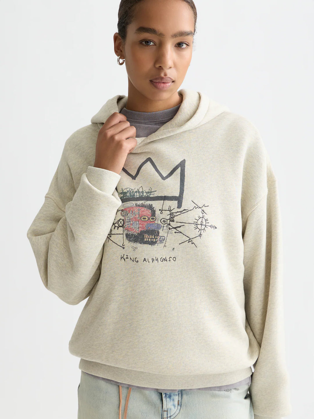Basquiat Washed Artwork Relaxed-Fit Hoodie Oatmeal Melange