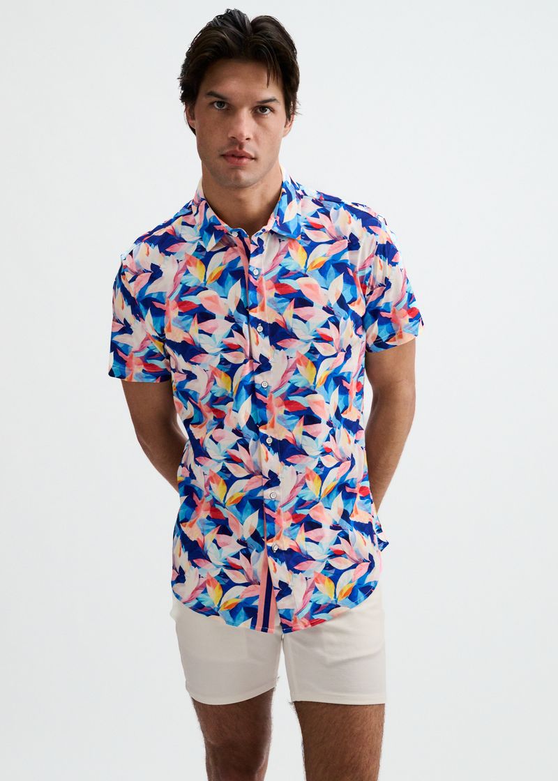 Navy/Blush Leaves Printed Cotton Knit Jersey Short Sleeve Shirt W/Placket Detail St-9357