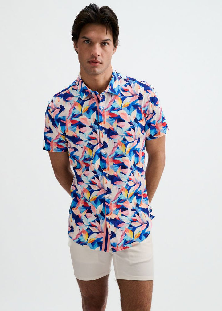 Navy/Blush Leaves Printed Cotton Knit Jersey Short Sleeve Shirt W/Placket Detail St-9357