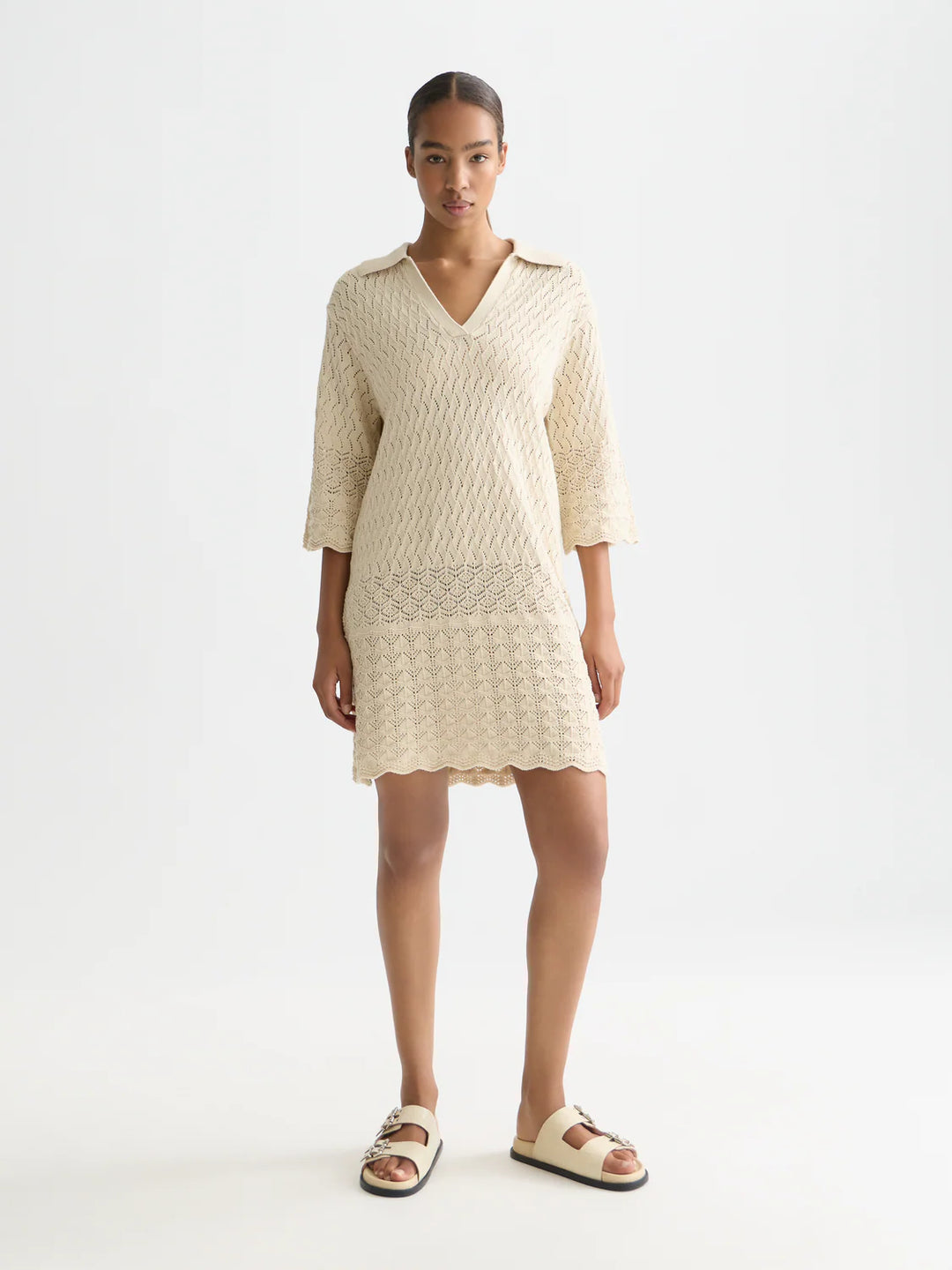Pointelle Stitch Knitted Short Dress Fog UFU01421T