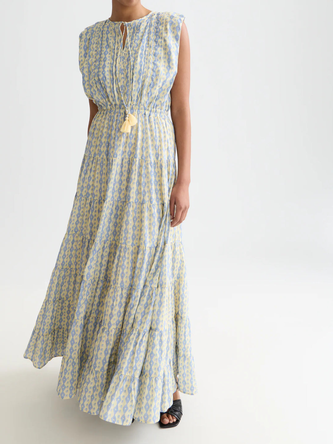 Printed Tiered Maxi Dress Cactus Stripe Placed Raffia