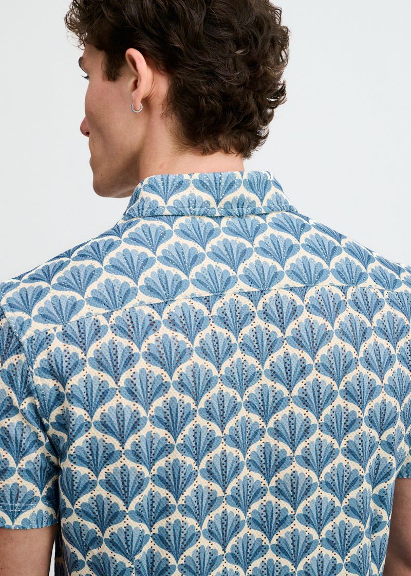 Slate/Blue Floral Printed Open Knit Stretch Short Sleeve Shirt St-48077