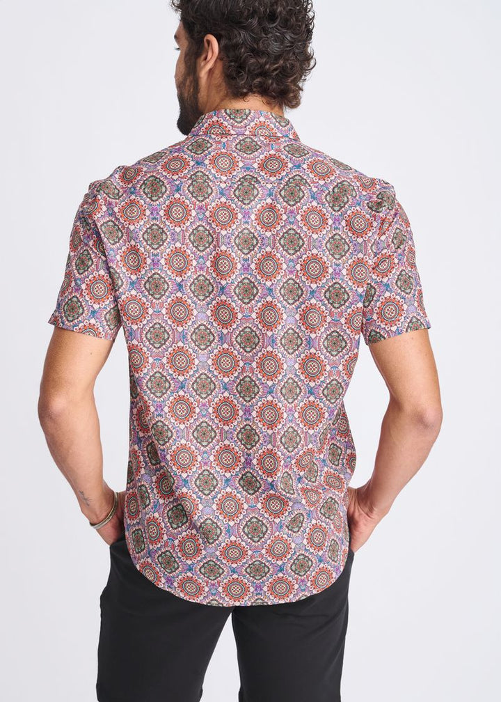 Blush/Coral Medallions Printed Lightweight Cotton/Tencel Short Sleeve Shirt PM-47053