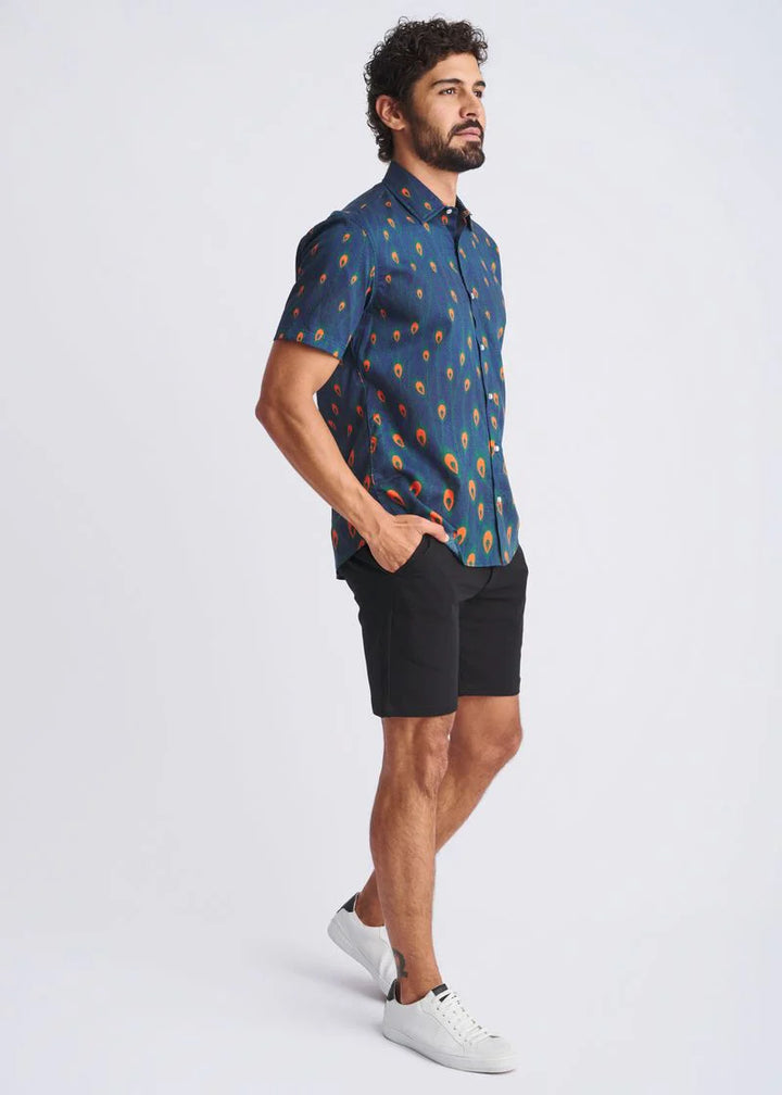 Navy/Peacock Feathers Printed Lightweight Cotton/Tencel Short Sleeve Shirt PM-47051