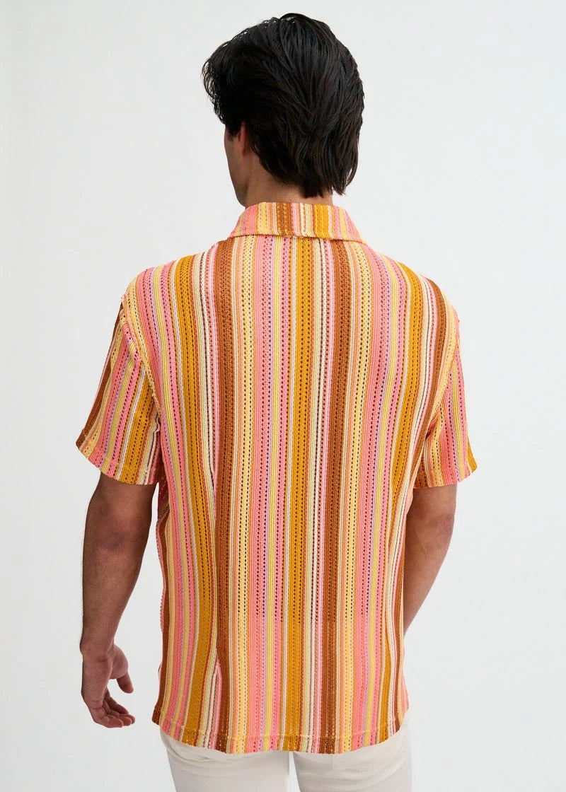 Vertical Stripe Open Knit Stretch Short Sleeve Shirt