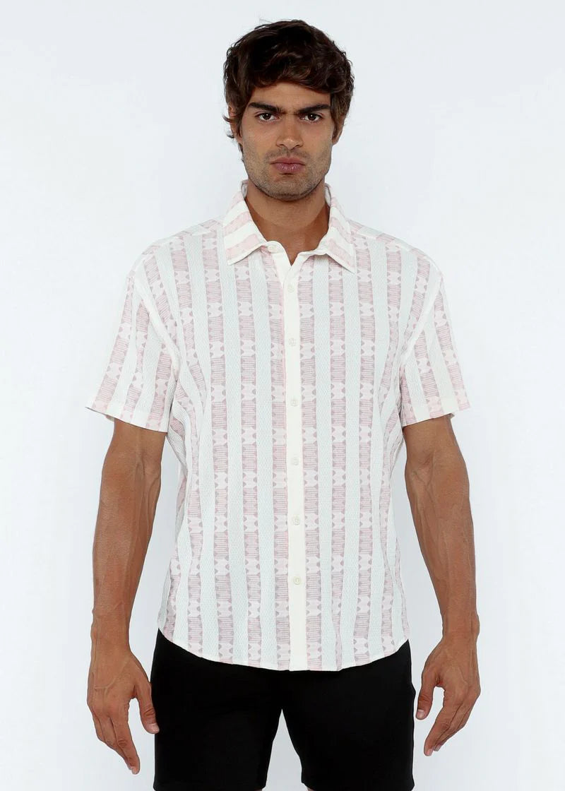 Pink Bud/Milk Stripe Lightweight Knitted Short Sleeve Shirt PM-51006