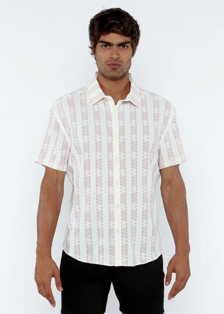 Pink Bud/Milk Stripe Lightweight Knitted Short Sleeve Shirt PM-51006