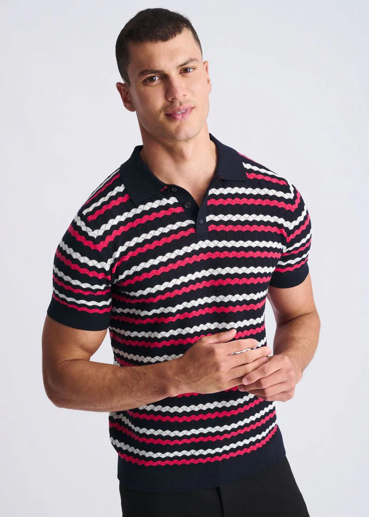 Bubble Gum/Navy/Off White Wave Textured Cotton 3-Button Knit Polo PM-16320