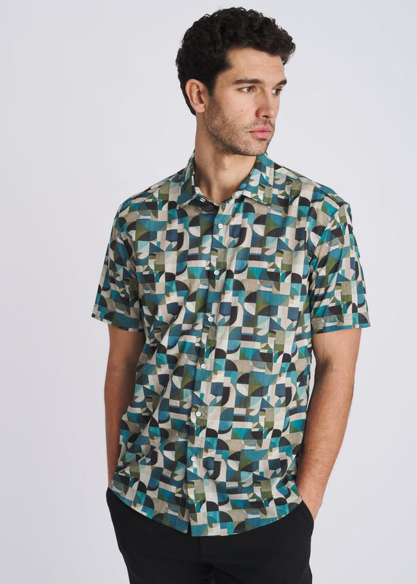 Geometric Printed Lightweight Short Sleeve Shirt Forest/Olive Geometric