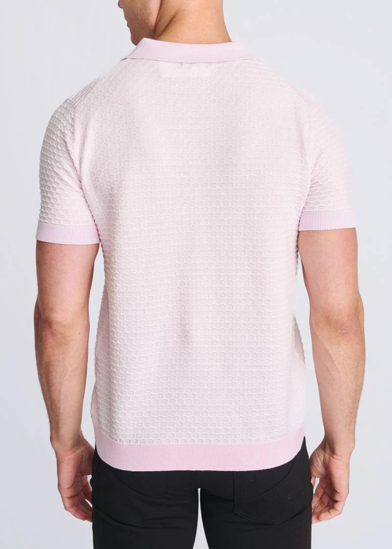 Pink/Milk White Honeycomb Textured Cotton 3-Button Knit Polo PM-16330