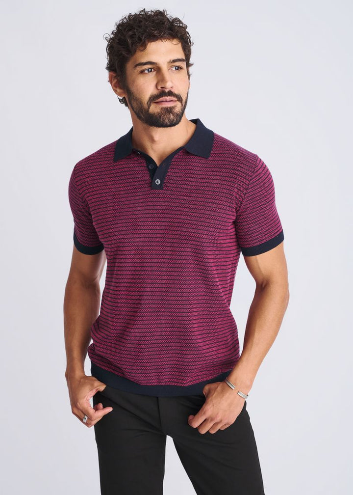 Bubble Gum/Navy Two Tone Textured Cotton 3-Button Knit Polo PM-16321