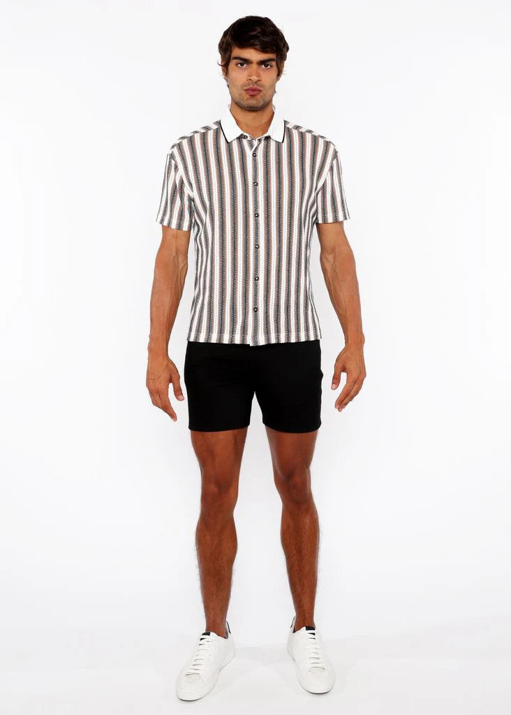 Off White/Midnight Stripe Stretch Open Knit Short Sleeve Shirt W/Rib Collar St-24064