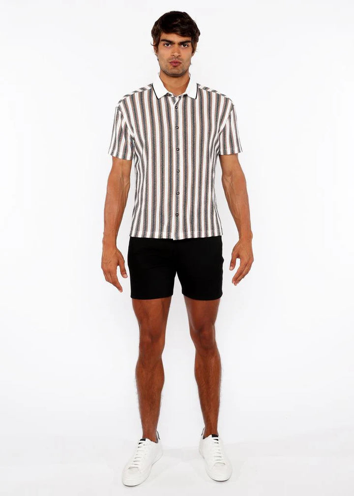 Off White/Midnight Stripe Stretch Open Knit Short Sleeve Shirt W/Rib Collar St-24064