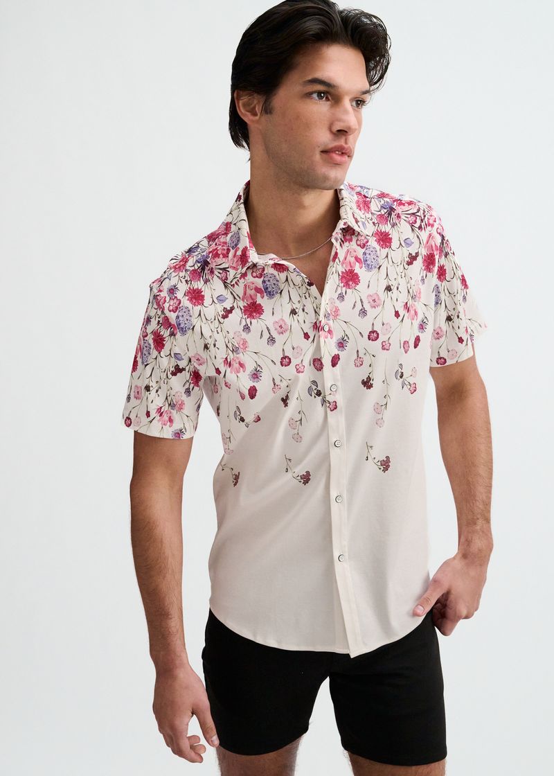 Blush/Fuchsia Floral Engineered Border Print Cotton Knit Jersey Short Sleeve Shirt St-9348