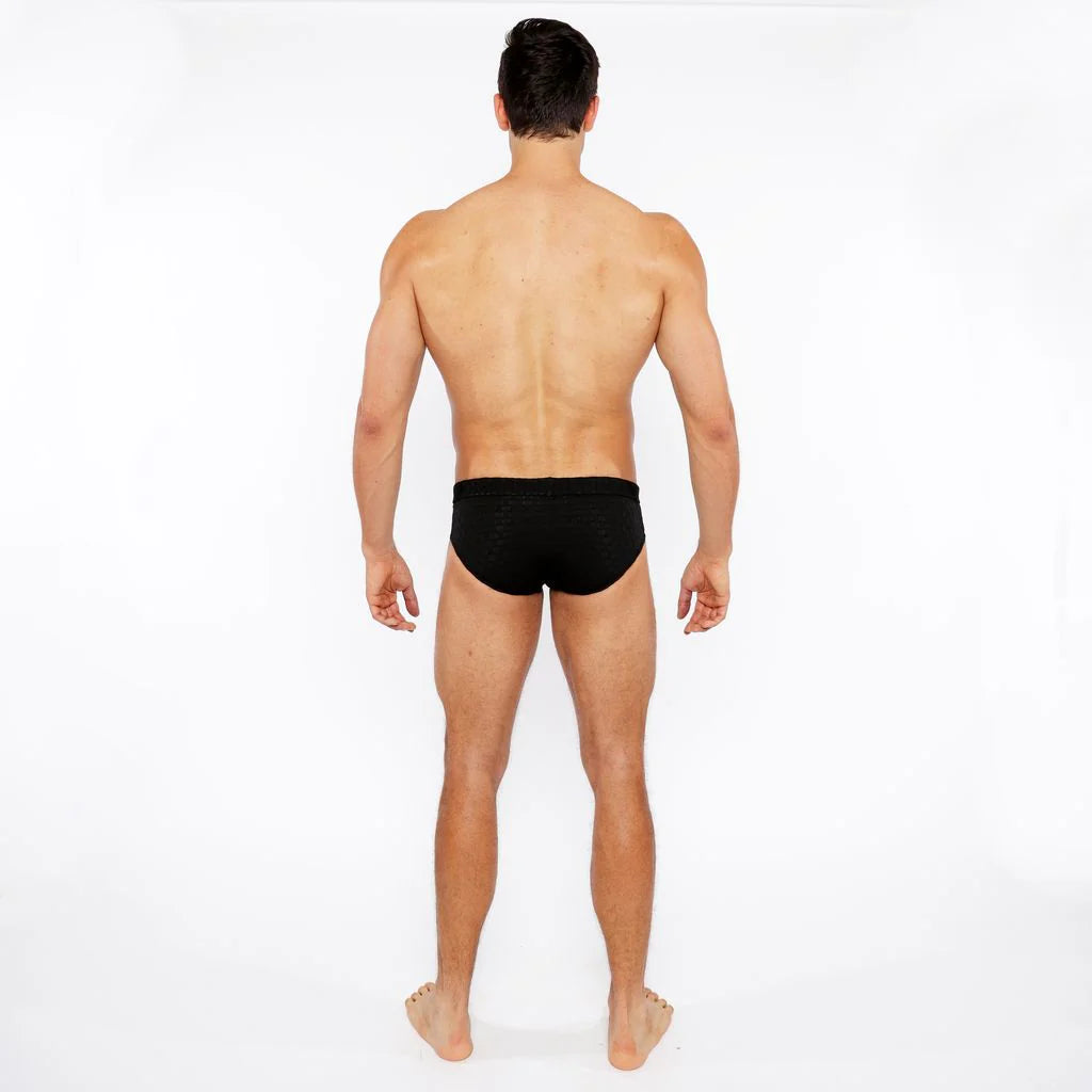 Black Hexagon Textured Swim Brief W/Buckle St-8021-02