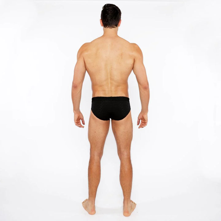 Black Hexagon Textured Swim Brief W/Buckle St-8021-02