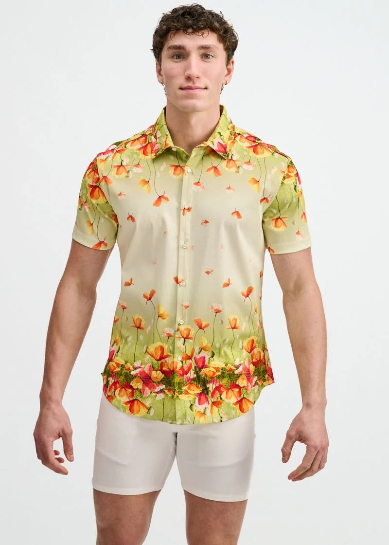 Grass/Orange Floral Border Print Jersey Short Sleeve Shirt