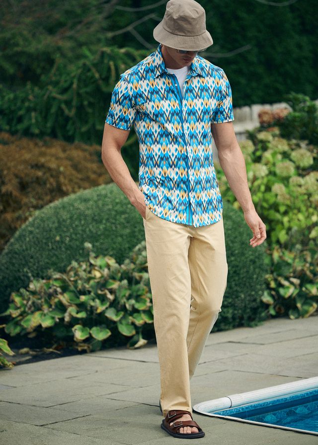 Teal/Gold Diamonds Printed Performance Short Sleeve Shirt W/ Contrast Placket PM-76113