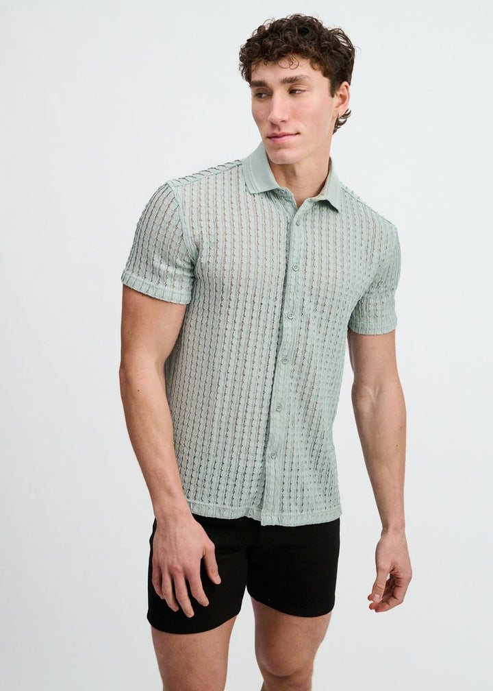 Ocean Open Knit Short Sleeve Shirt W/Rib Collar St-24076