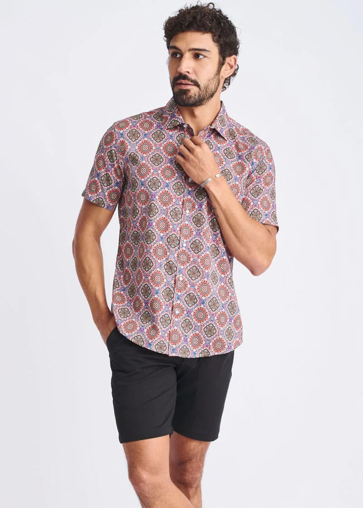 Blush/Coral Medallions Printed Lightweight Cotton/Tencel Short Sleeve Shirt PM-47053