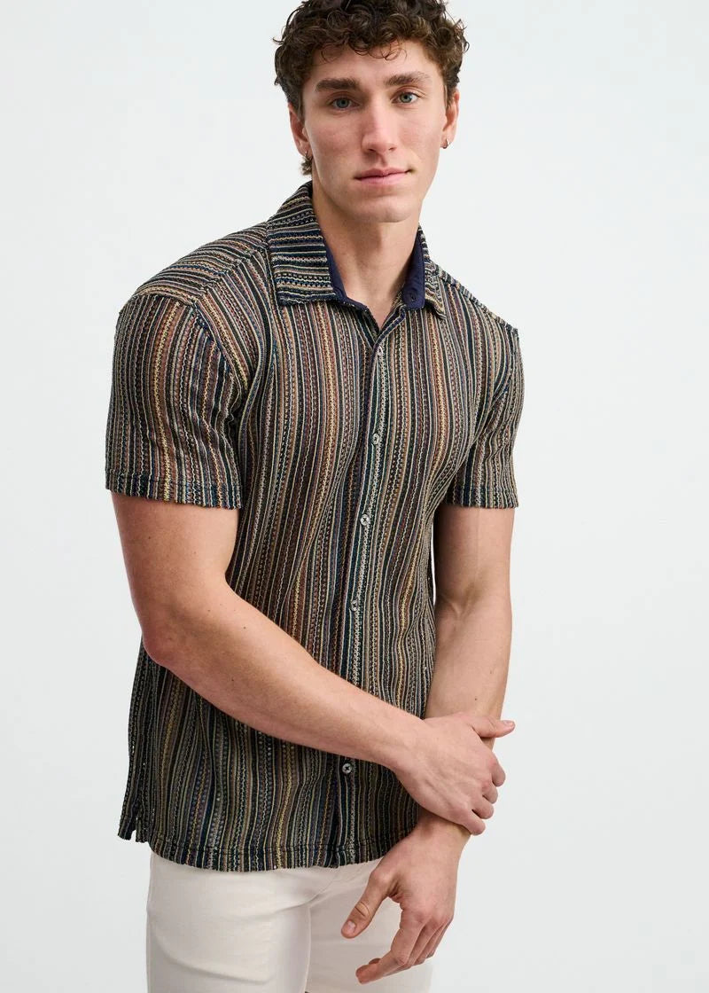 Vertical Stripe Open Knit Stretch Short Sleeve Shirt