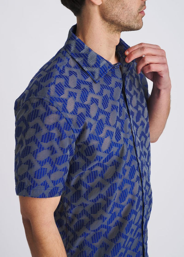 Lightweight Rhombus Jacquard Woven Short Sleeve Shirt Navy