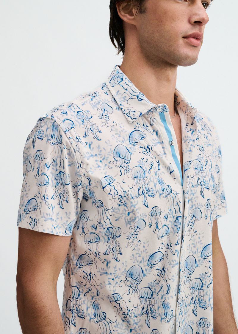 Ocean/Blue Jellyfish Printed Cotton Knit Jersey Short Sleeve Shirt W/Placket Detail St-9360