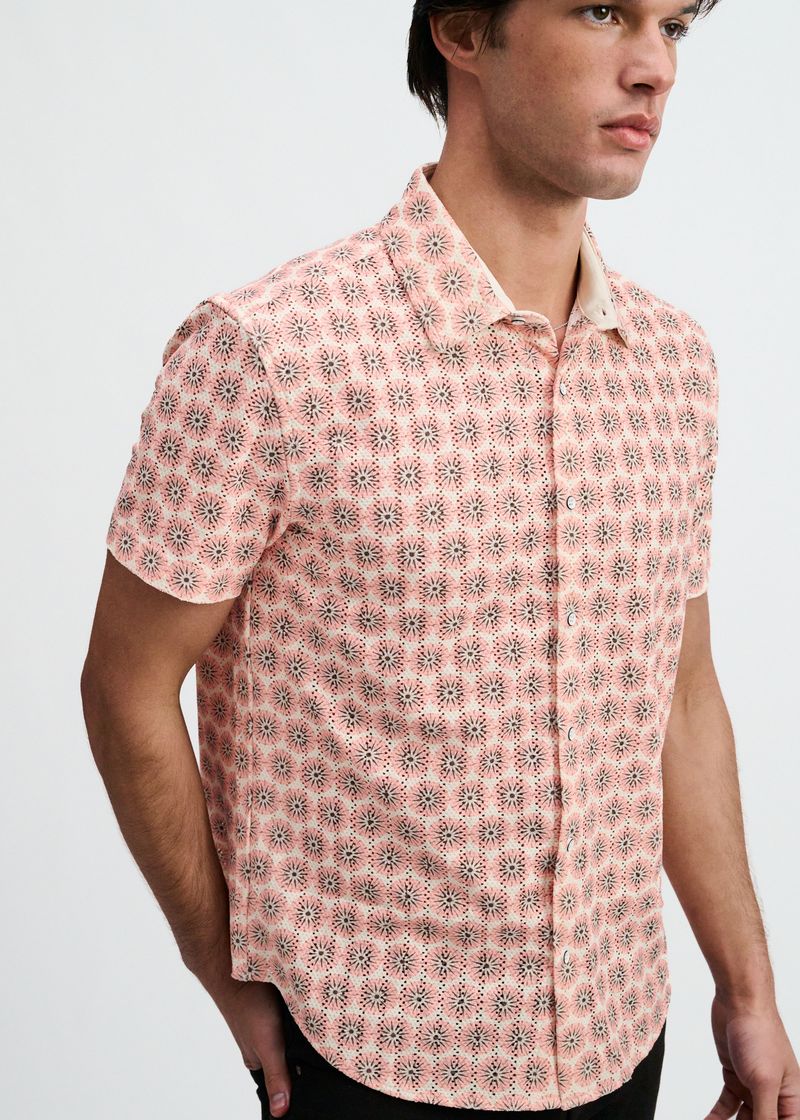 Sorbet/Crepe Medallions Printed Open Knit Stretch Short Sleeve Shirt St-48078