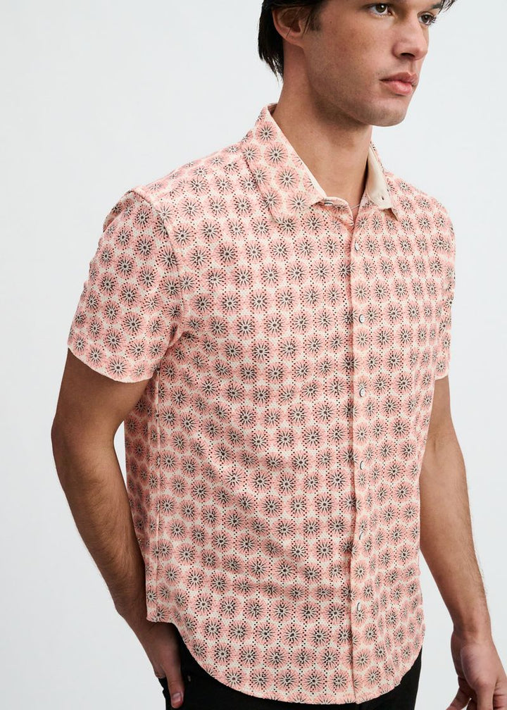 Sorbet/Crepe Medallions Printed Open Knit Stretch Short Sleeve Shirt St-48078