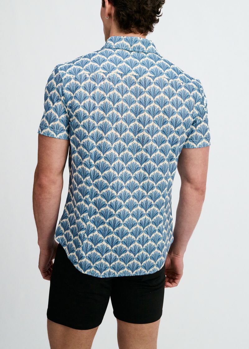 Slate/Blue Floral Printed Open Knit Stretch Short Sleeve Shirt St-48077
