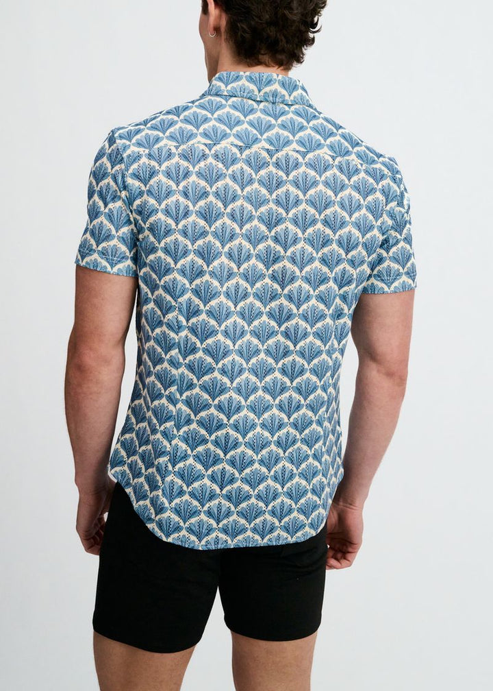 Slate/Blue Floral Printed Open Knit Stretch Short Sleeve Shirt St-48077