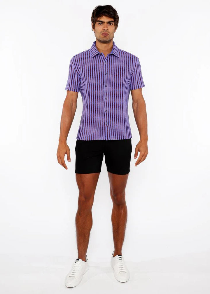 Grape/Brick Stripe Stretch Open Knit Short Sleeve Shirt St-24062